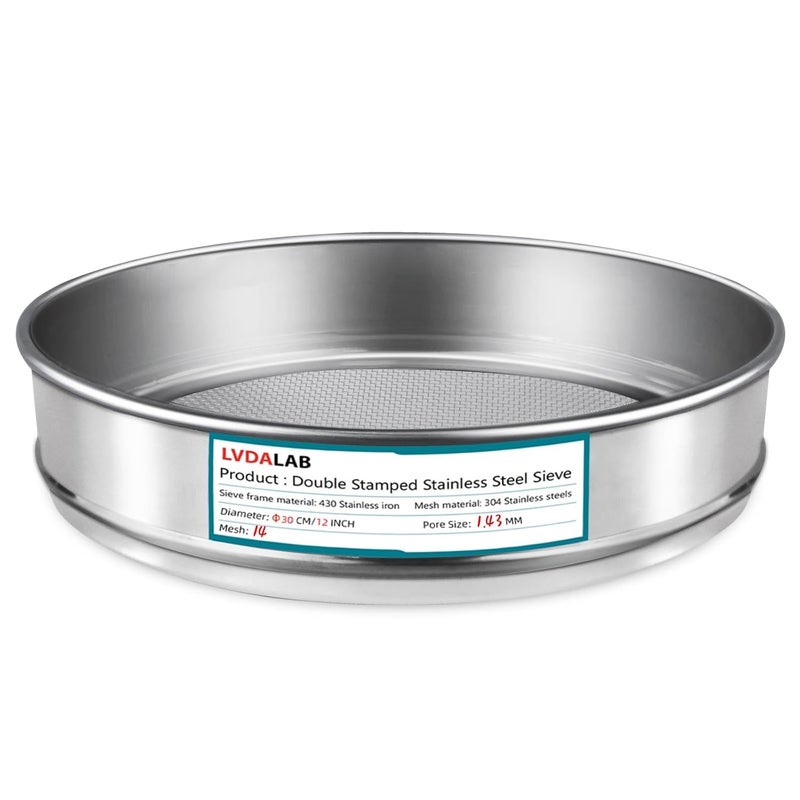LVDALAB 304 Stainless Steel Lab Sieve Screen Mesh, 14 Mesh(1.43mm) Aperture Test Sieve, 12Inch(30cm) Diameter Economy Standard Analysis Sample Test Sieves for Industrial Laboratory Homes - Image 1